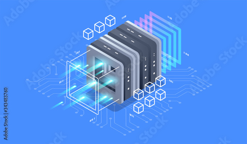 Isometric design concept virtual reality and augmented reality. software development and programming. Computation of big data center, quantum computer isometric vector technology