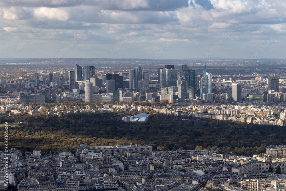 Paris, France. Europe - November 2, 2018: Overhead shot of the business district of Paris France on cloudy but sunny day