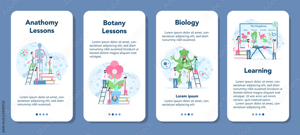 Biology mobile application banner set. Scientist exploring human