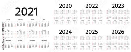 Calendar 2021, 2022, 2023, 2024, 2025, 2026, 2020 years. Vector illustration. Simple template. photo