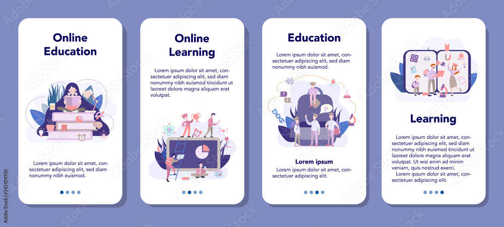 Learning system mobile application banner set, idea of study remotely.