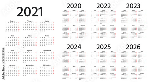 Spanish Calendar 2021, 2022, 2023, 2024, 2025, 2026, 2020 years. Vector. Week starts Monday. Simple template Spain calenders. Portrait vertical orientation. Yearly stationery organizer. Illustration.
