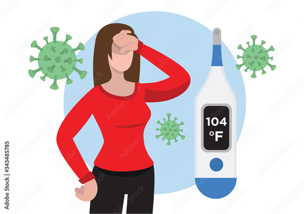 Young woman sick with coronavirus has fever. In Celsius.
Young woman sick with coronavirus has fever. In Celsius.