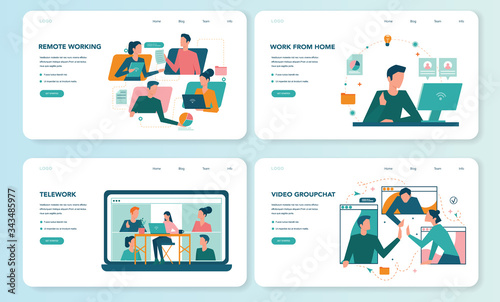 Remote working web banner or landing page set. Telework