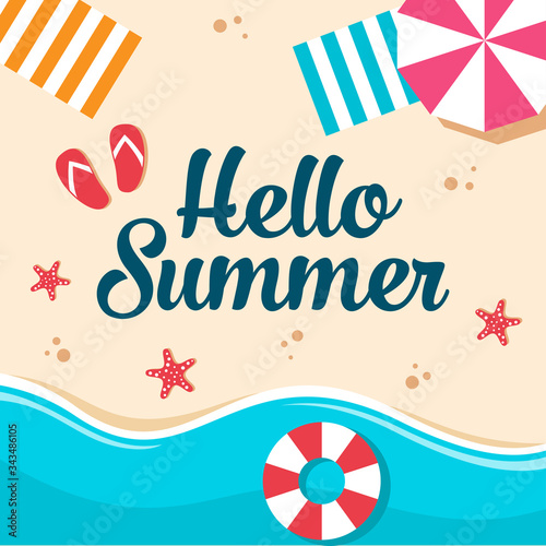Hello summer background in flat design vector illustration.