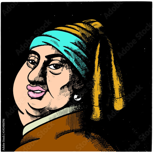 Funny illustration of the girl with the pearl earrings as a very fat woman. cartoon, comic, vector, art.
