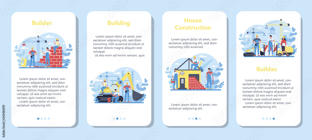 House building mobile application banner set. Workers constructing
