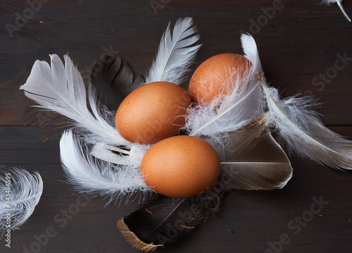 three brown whole chicken eggs in the middle of white feathers