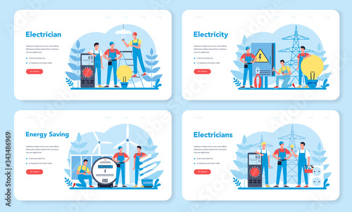 Electricity works service web banner or landing page set. Professional