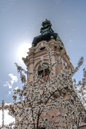 old wooden church with flowering