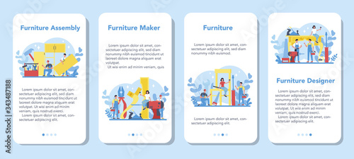 Wooden furniture maker or designer mobile application banner set.