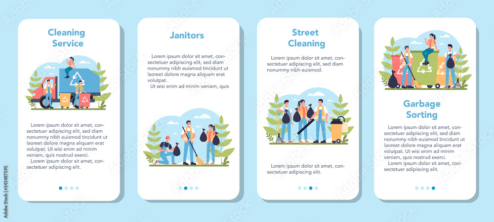 Cleaning company or janitor service mobile application banner set.