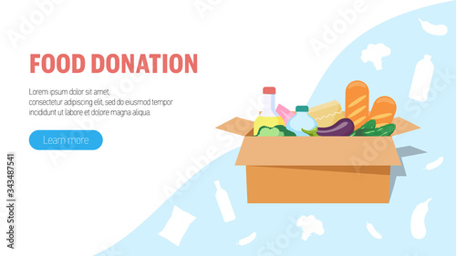 Food donation concept. Big box with food donation. Web banner, infographics