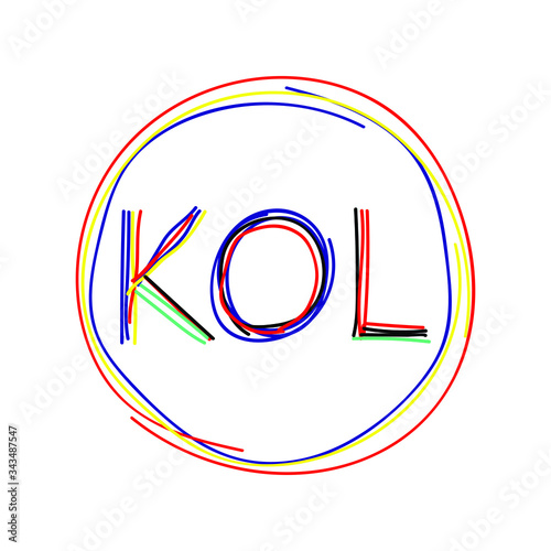 KOL abbreviation of Key Opinion Leader, influencer concept, frame around the word. Multi-colored curved lines like from a felt-tip pen. New social media marketing in digital world
