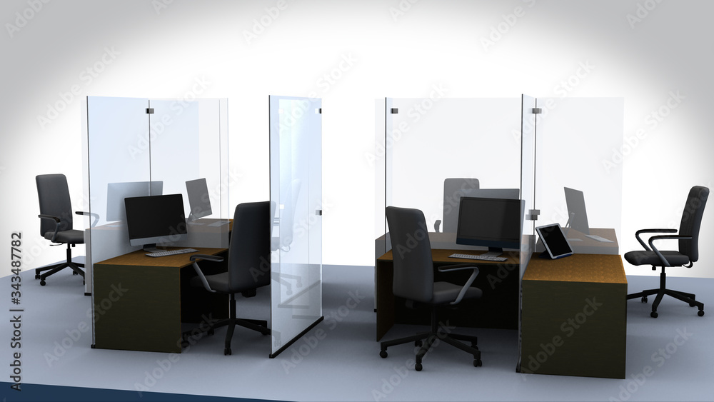 social distancing in the office many tables detail - 3D graphic animation  on a white background Stock Illustration | Adobe Stock