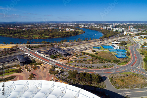 Aerial view Perth Burswood , Maylands and Swan River. Perth Stadium Train Station and Graham Farmer Freeway.