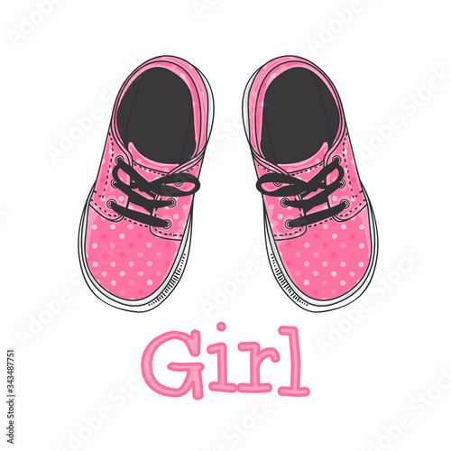 Vector illustration Girls sneakers hand drawing. Print Design - It's a girl. Pink polka dots coloring. A pair of baby shoes isolated