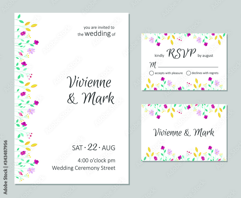 Vector wedding floral invitation. Rsvp card design set. Invitation card with floral summer pattern