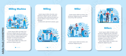 Miller and milling mobile application banner set. Engineer drilling