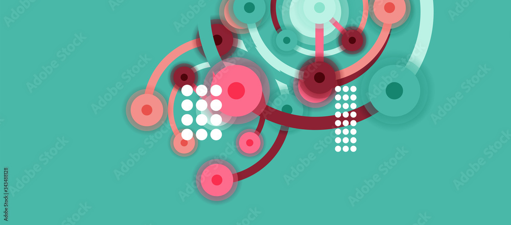 Flat style geometric abstract background, round dots or circle connections on color background. Technology network concept. Flat style geometric abstract background, round dots or circle connections on color background. Technology network concept.