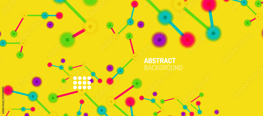 Flat style geometric abstract background, round dots or circle connections on color background. Technology network concept.