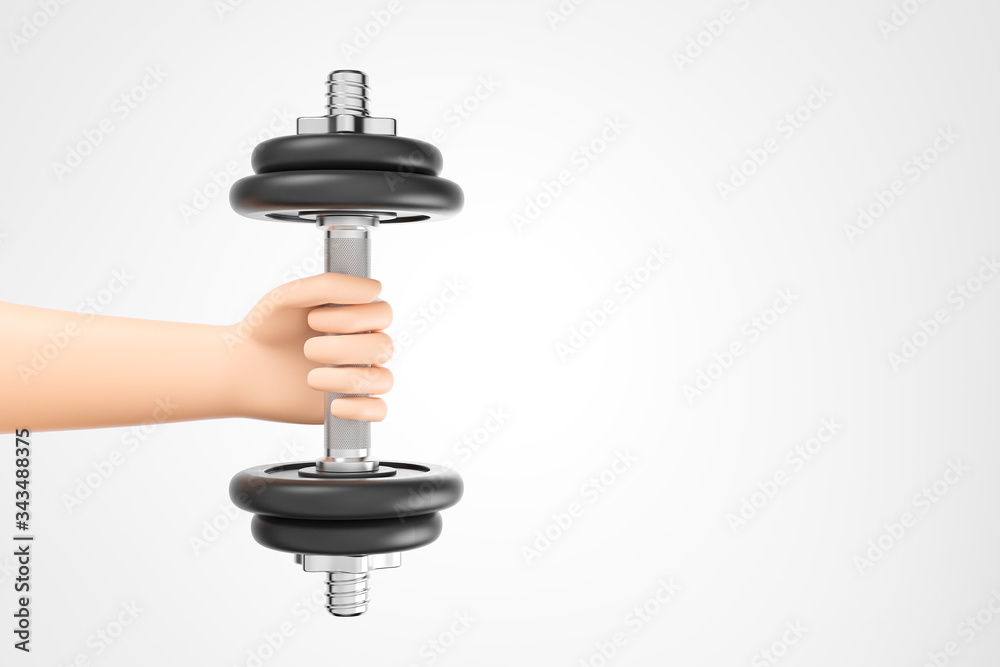 Fototapeta premium Cartoon hand holding heavy black dumbbell over white background with copy space.