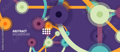 Flat style geometric abstract background, round dots or circle connections on color background. Technology network concept.