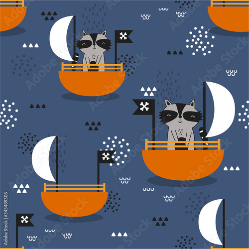 Seamless pattern, raccoons and boats, hand drawn overlapping backdrop. Colorful background vector, gulls. Cute illustration, animals. Decorative wallpaper, good for printing