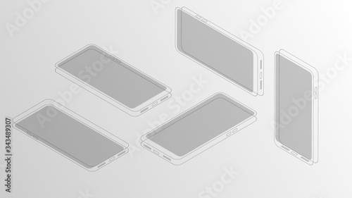 Vector illustration of isometric minimal looking smartphone drawing front different angles and positions