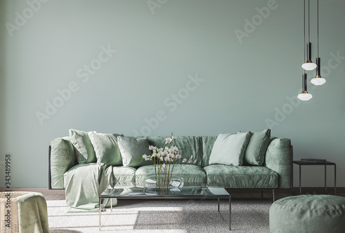 living room interior mock up, modern furniture and trendy home accessories, on colored background