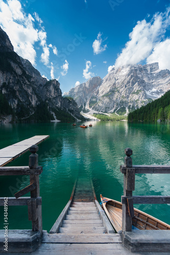 Braies Lake, Dolomites, Italy. Morning shots of this famous mountain scenery located in South Tyrol. 