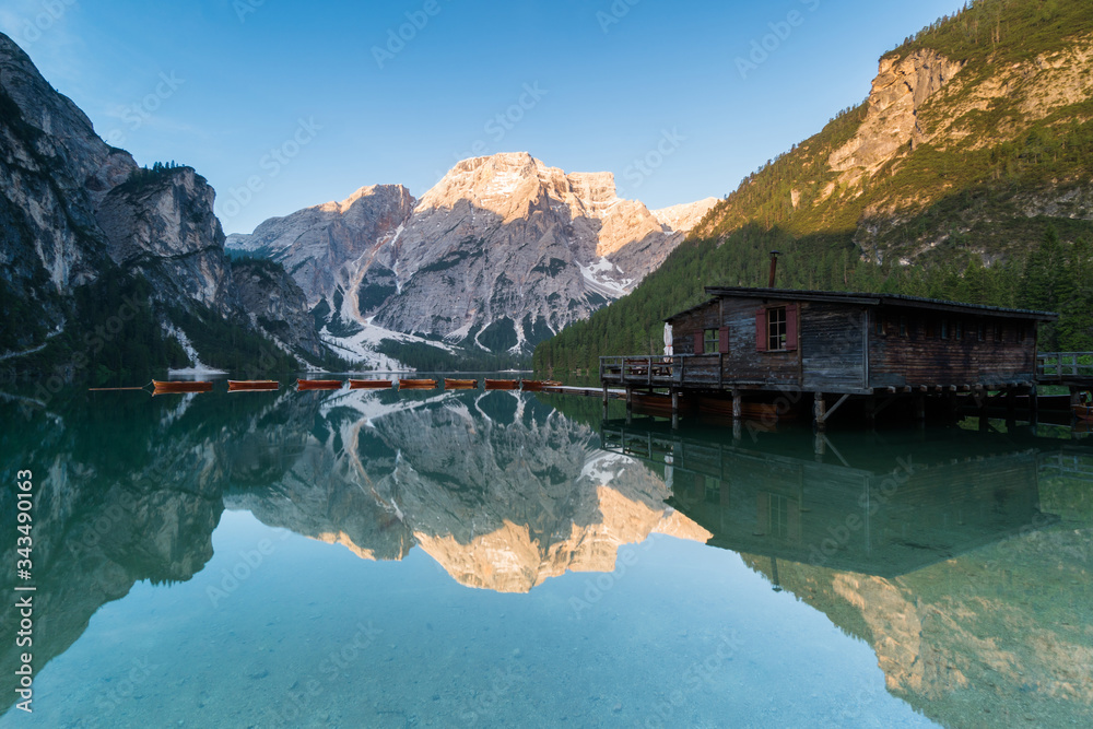 Braies Lake, Dolomiti, Italy. Morning shots of this famous mountain scenery located in South Tyrol. 