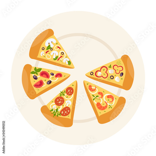 Tifferent types of pizza in slices. Margherita and pepperoni, vegetarian