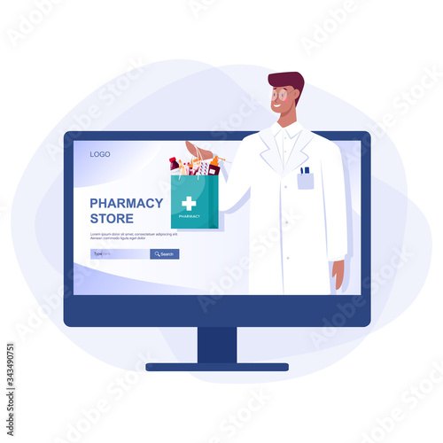 Online pharmacy web banner on phone screen. Medicine