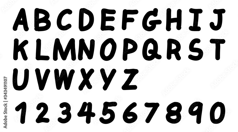 Black color hand drawing font of upper case English alphabet and number 0 - 9 on white background Black color hand drawing font of upper case English alphabet and number 0 - 9 on white background