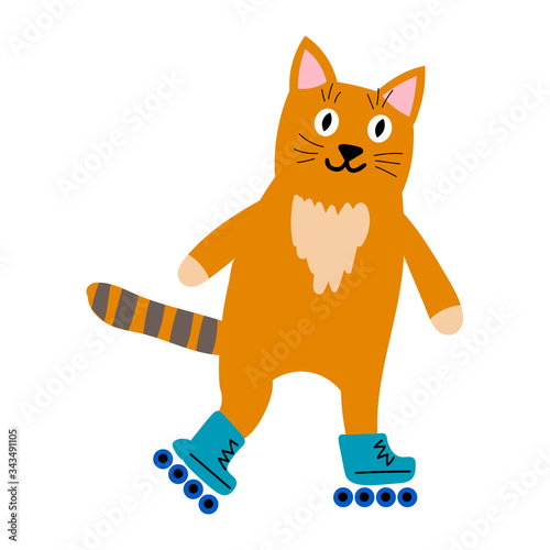 Cute cartoon orange cat on rollers isolated on white background. Sports pet in childlike flat style. Concept for children print. Vector illustration. 