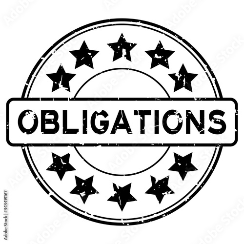 Grunge black obligations word with star icon round rubber seal stamp on white background