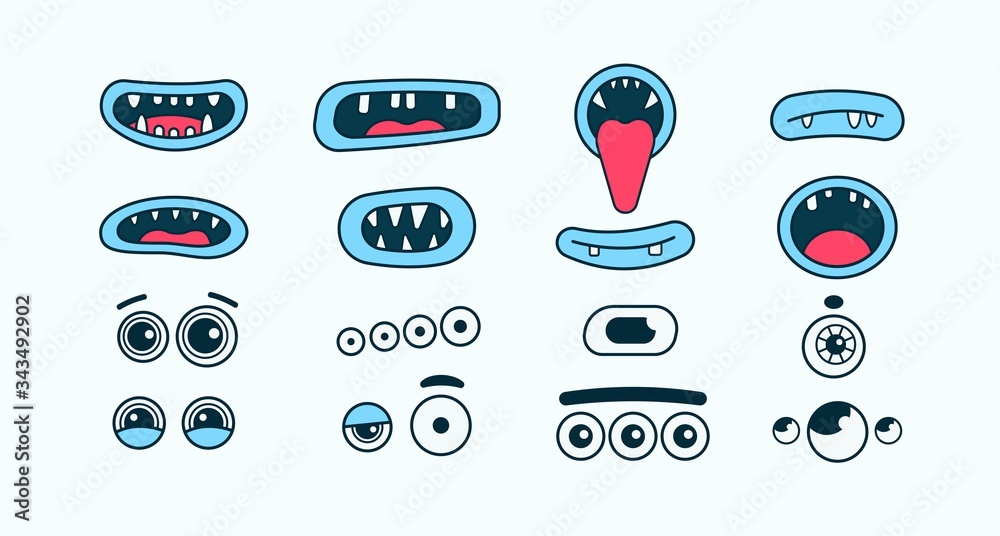 Create your own Monster concept. Funny mouths and eyes. Hand drawn isolated  Vector set. Different Face expressions. Smile with teeth, sticking out  tongue, screaming. Cartoon style. Simple flat design Stock Vector |