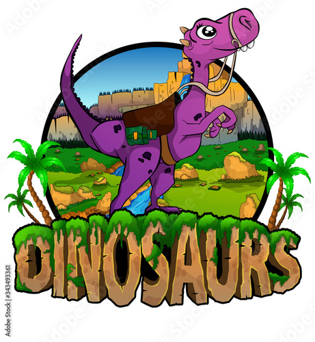 Logo Cartoon little dinosaur looks up. Vector illustration.