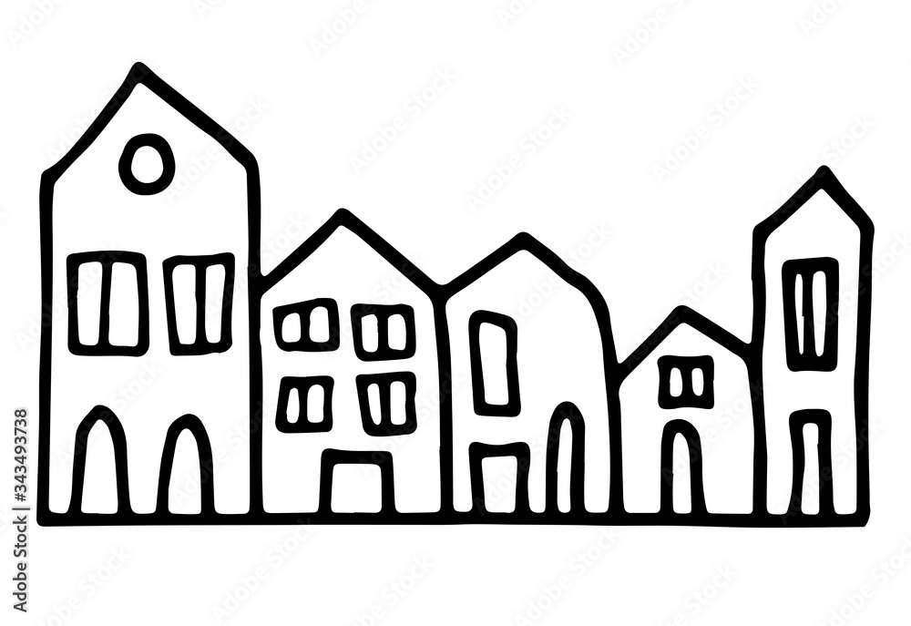 Hand drawn doodle houses with different tall. Scandinavian city. Hand drawn doodle houses with different tall. Scandinavian city.