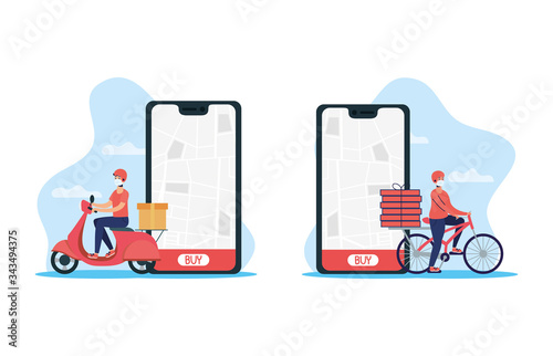 delivery workers using face masks in motorcycle and bicycle with smartphone