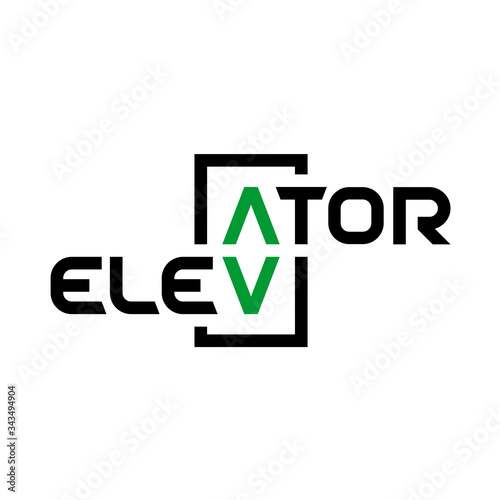Elevator text logo. Stylized word elevator with panel button arrows up and down as letters A and V.