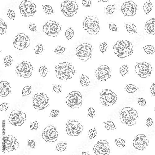 Seamless pattern of black roses and leaves on white background