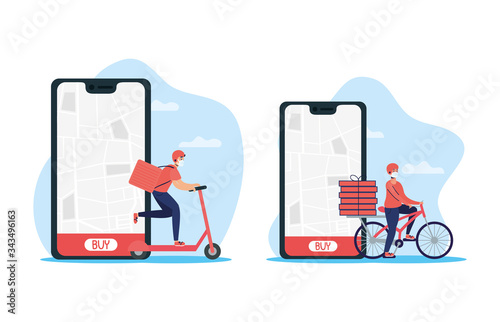 delivery workers using face masks in bicycle and skate with smartphone