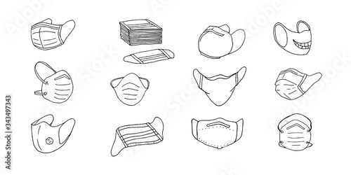Medical face masks respiratory anti-virus anti-dust protection. Doodle hand-drawn black and white vector illustration set of objects isolated on white background