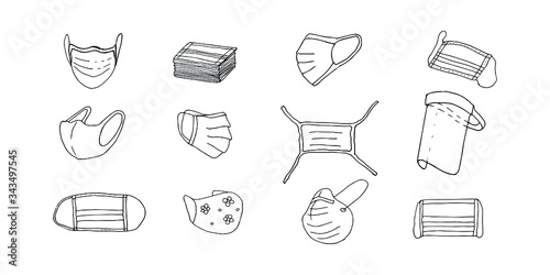 Medical face masks respiratory anti-virus anti-dust protection. Doodle hand-drawn black and white vector illustration set of objects isolated on white background