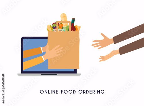 Colorful vector illustration concept for grocery delivery. Online ordering of food.