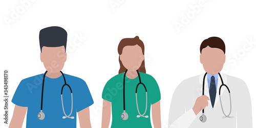 Young male and female doctors with stethoscope in a hospital. Cartoon flat, vector illustration