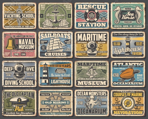 Nautical seafaring and marine vintage retro vector posters. Sea diving and yachting school, naval ships lighthouse museum and Atlantic oceanarium, marine navigation and beach lifeguard rescue station