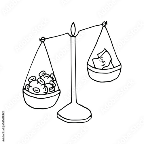 Weigher with coronavirus and dollar bills. Economic crisis during the coronavirus epidemic. Dollar falling. Doodle vector illustration.	
